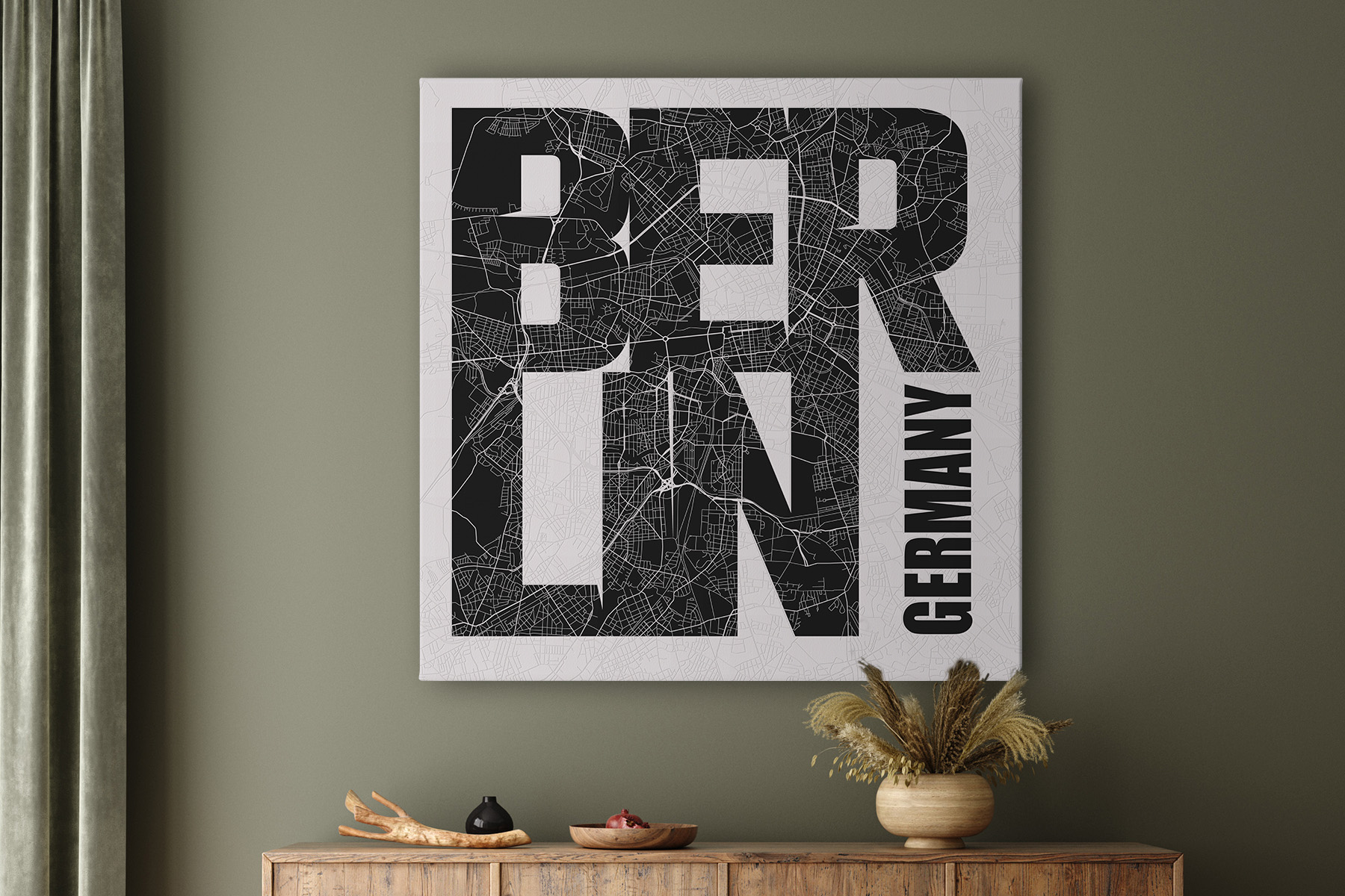 Stadtplanleinwand Berlin - Schrift schwarz