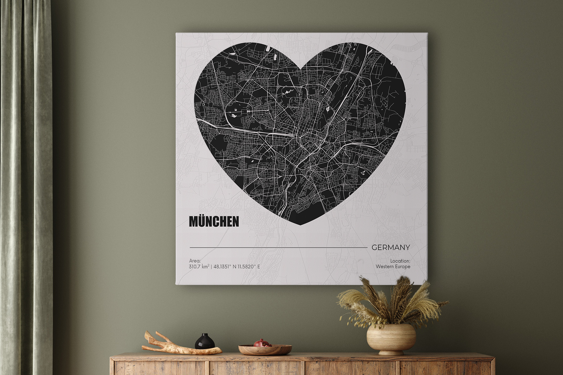 Stadtplanleinwand München  - Herz schwarz